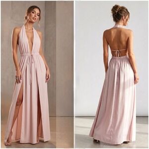 Assali Women's Blush Pink Maxi Dress Medium Halter Plunge Neck Double Slit Satin